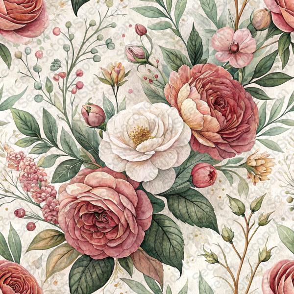 Pattern: A lush romantic watercolor floral Valentine's seam...
